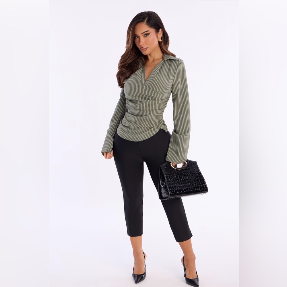 Fashion Nova Olive pinstripe Wrap blouse top